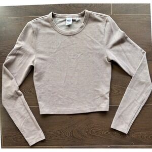Aritzia TNA Waffle Knit Long Sleeve Top Taupe Cropped Crew Neck Women's Small